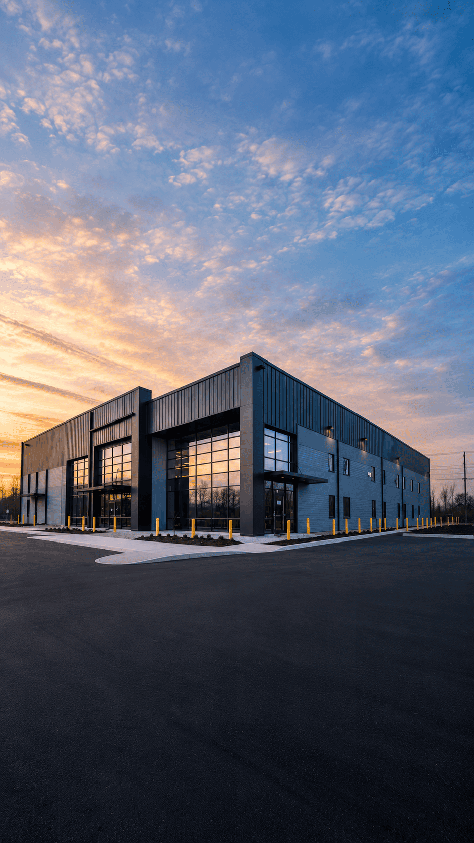 Pre-engineered building at dusk