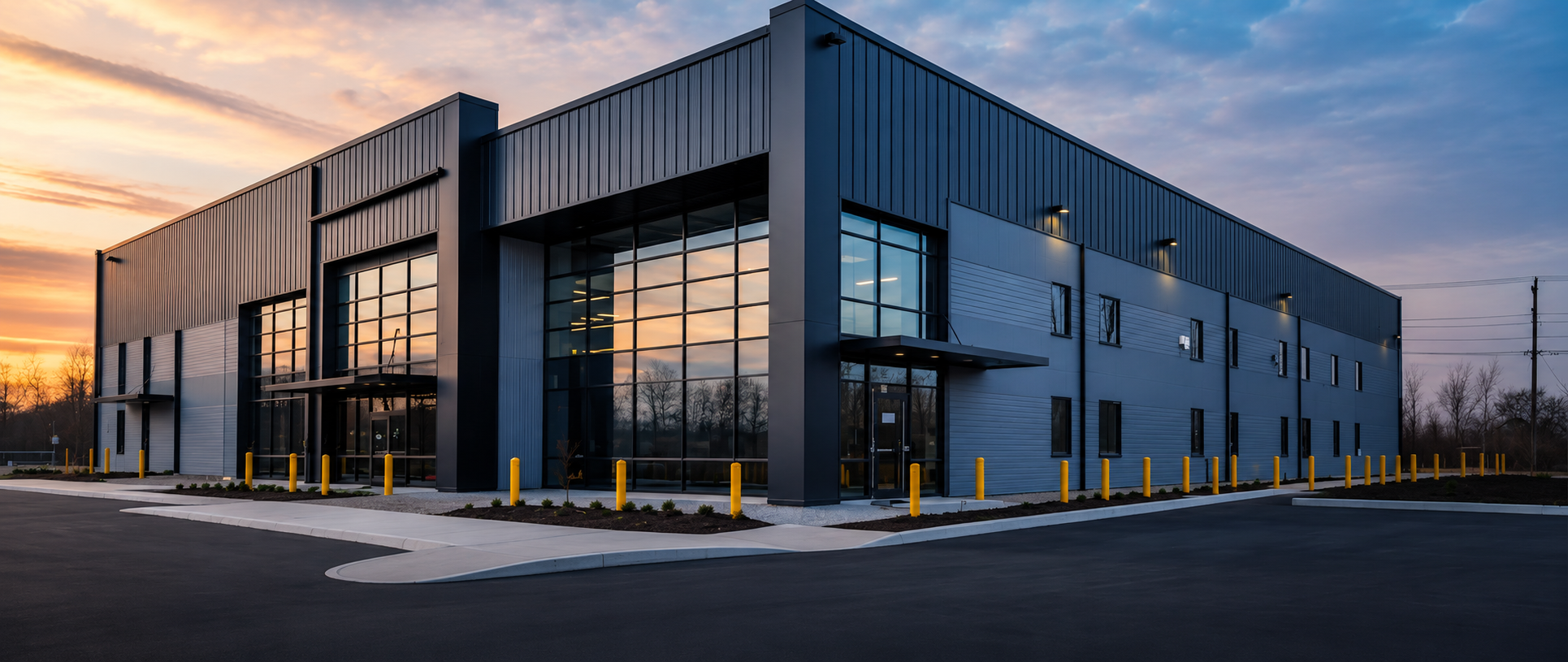 Pre-engineered building at dusk